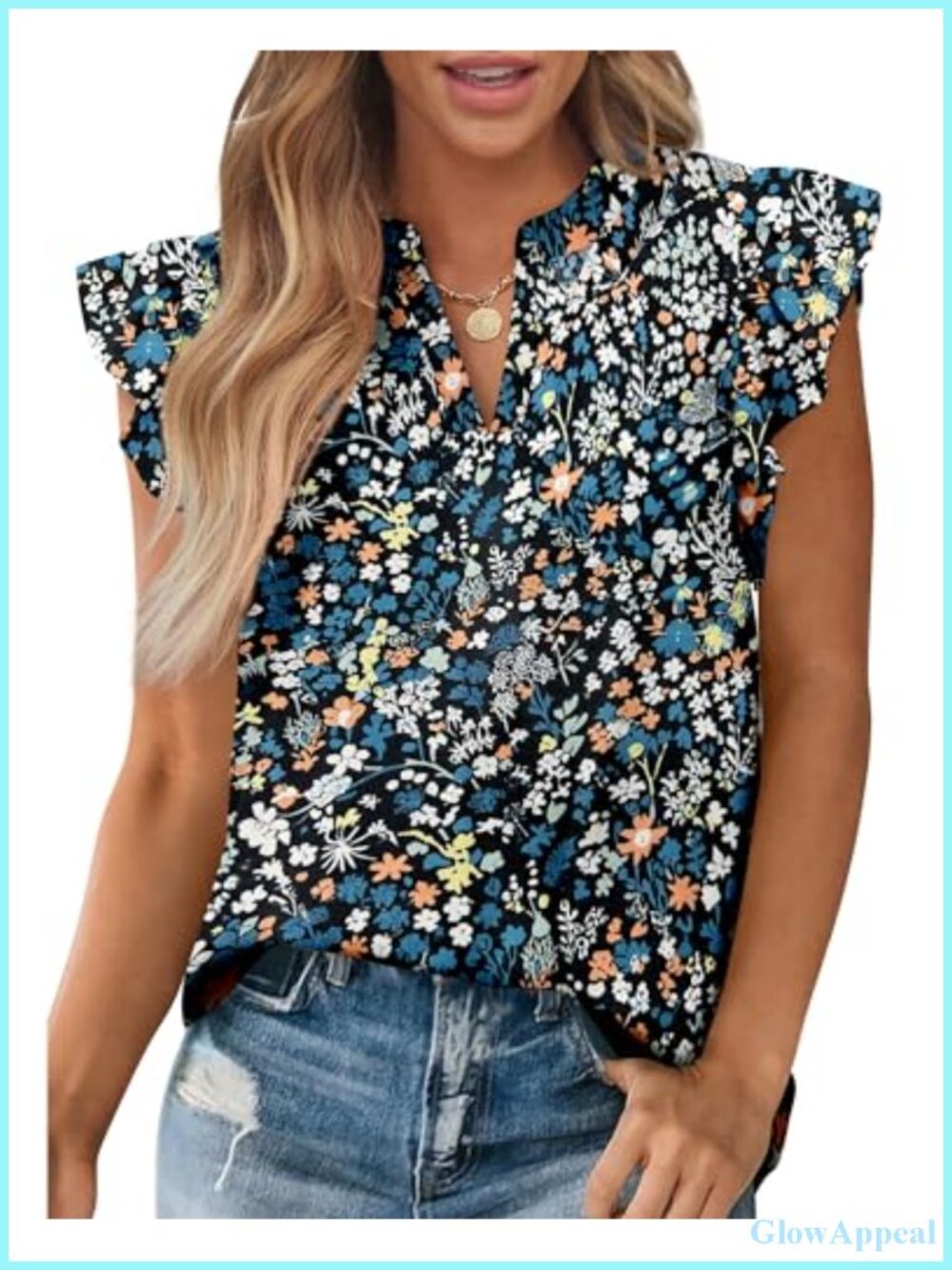 Women's Floral V-Neck Ruffle Sleeve Blouse Short Sleeve Boho Chiffon Top